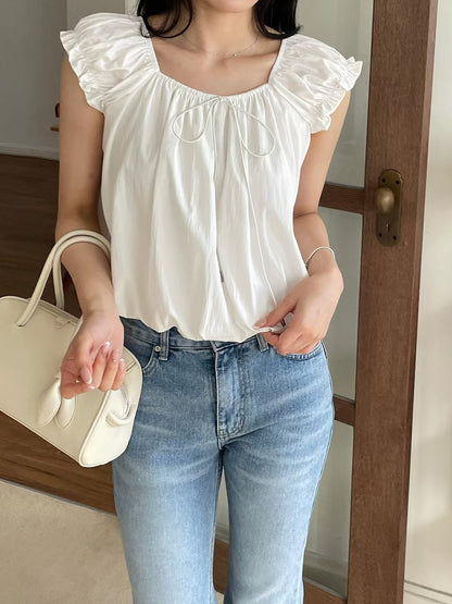 French 2-Way Square Neck Bow Blouse(2 colors)
