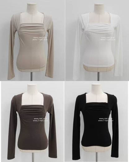 Square Ruched Neck Silky Fitted Top(4 colors)