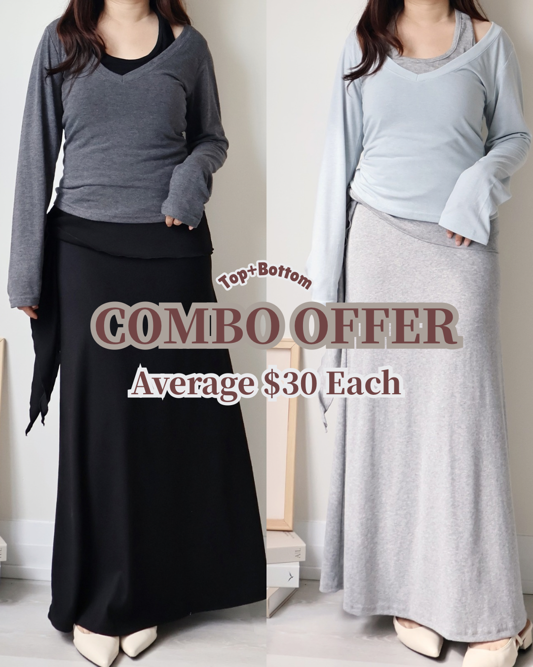 [35% Off Combo Offer🔥] 1SET•V-Neck Colorblock Halter Layered Top & Tie-Waist Cotton Maxi Skirt