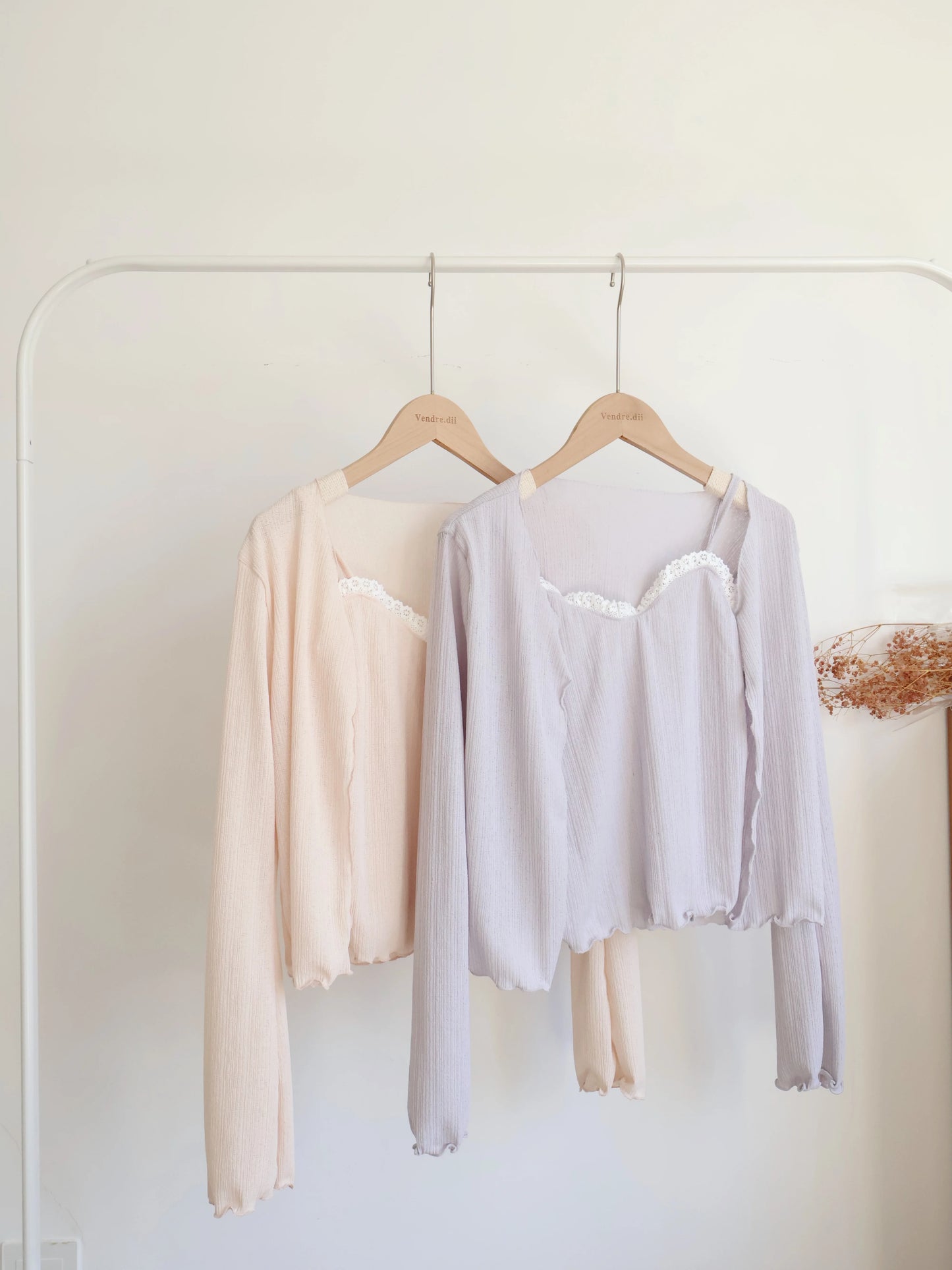 Pastel Lace-trim Cami & Cardigan 2-Piece Set(Lavender)