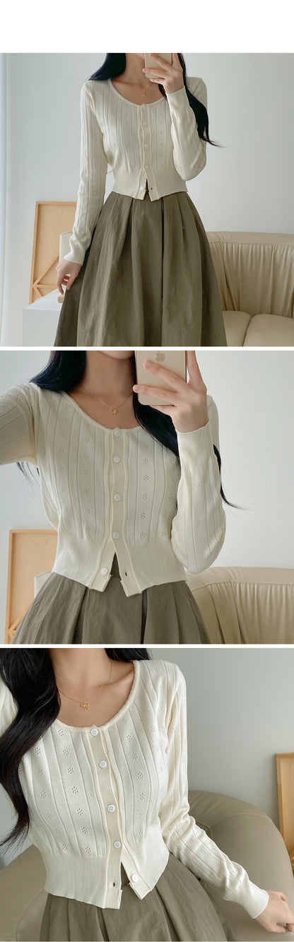 Soft Lace-Trim Eyelet Knit Cardigan(Cream)