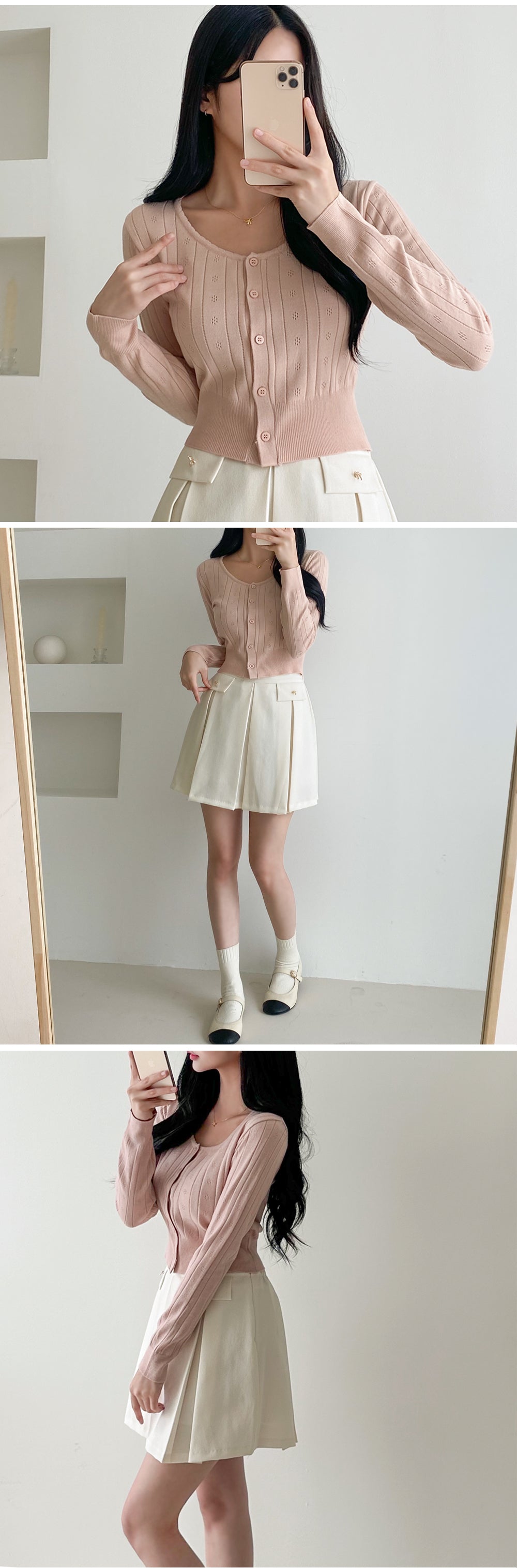 Soft Lace-Trim Eyelet Knit Cardigan(Indipink)