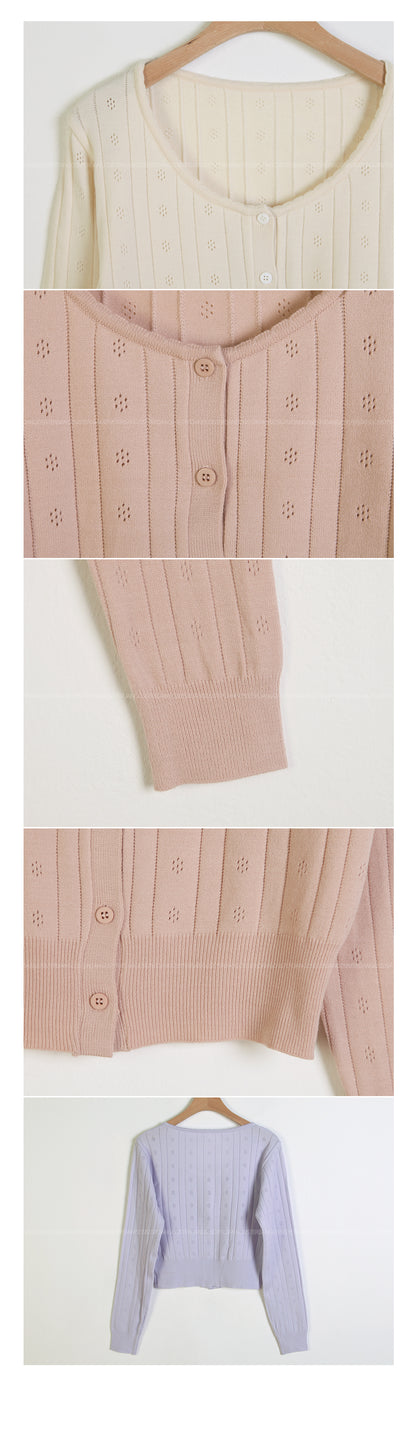 Soft Lace-Trim Eyelet Knit Cardigan(Indipink)