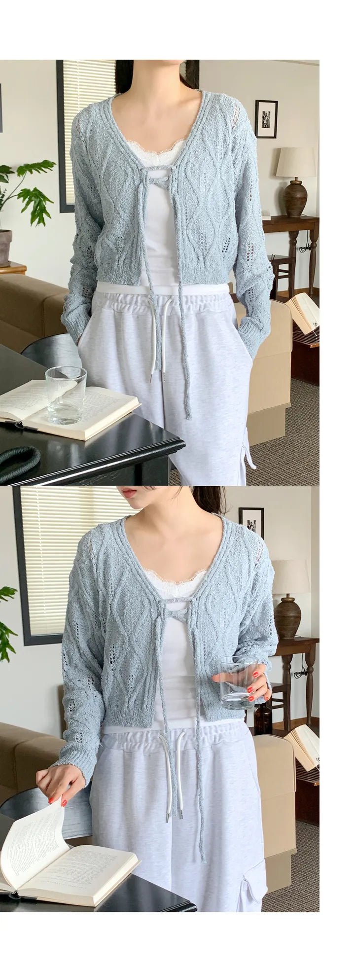 V-Neck Pointelle Tie-Front Knit Cardigan(5 colors)