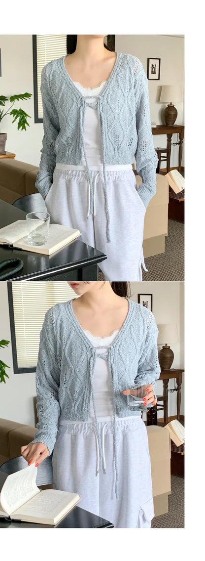 V-Neck Pointelle Tie-Front Knit Cardigan(5 colors)