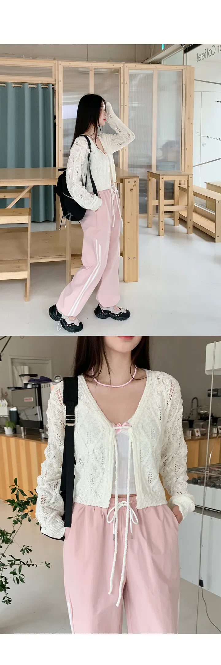 V-Neck Pointelle Tie-Front Knit Cardigan(5 colors)