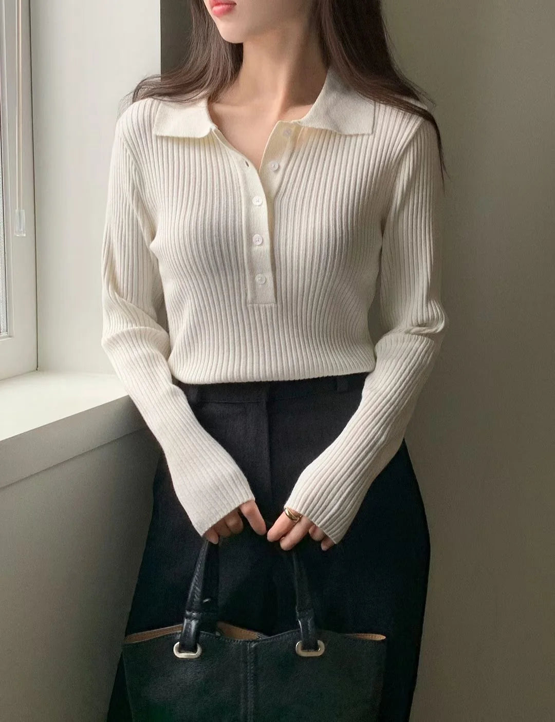 Sophisticated Stretch Polo Rib-Knit Top(4 colors)
