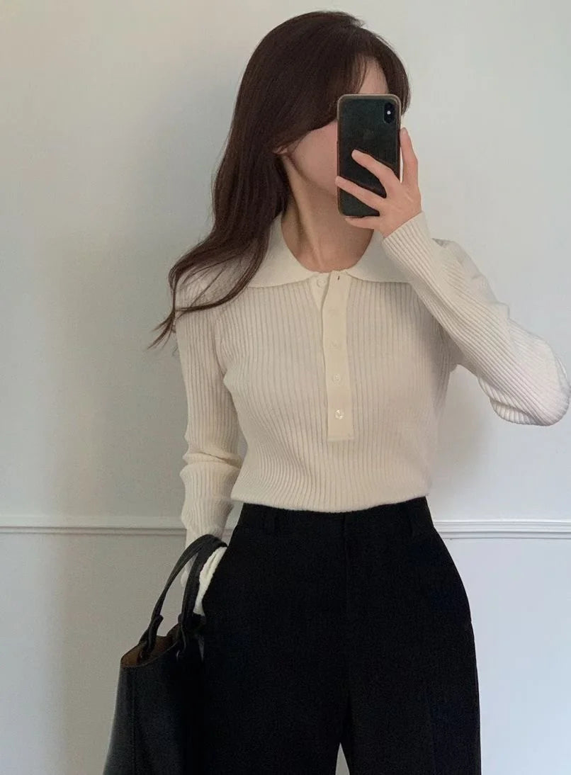 Sophisticated Stretch Polo Rib-Knit Top(4 colors)