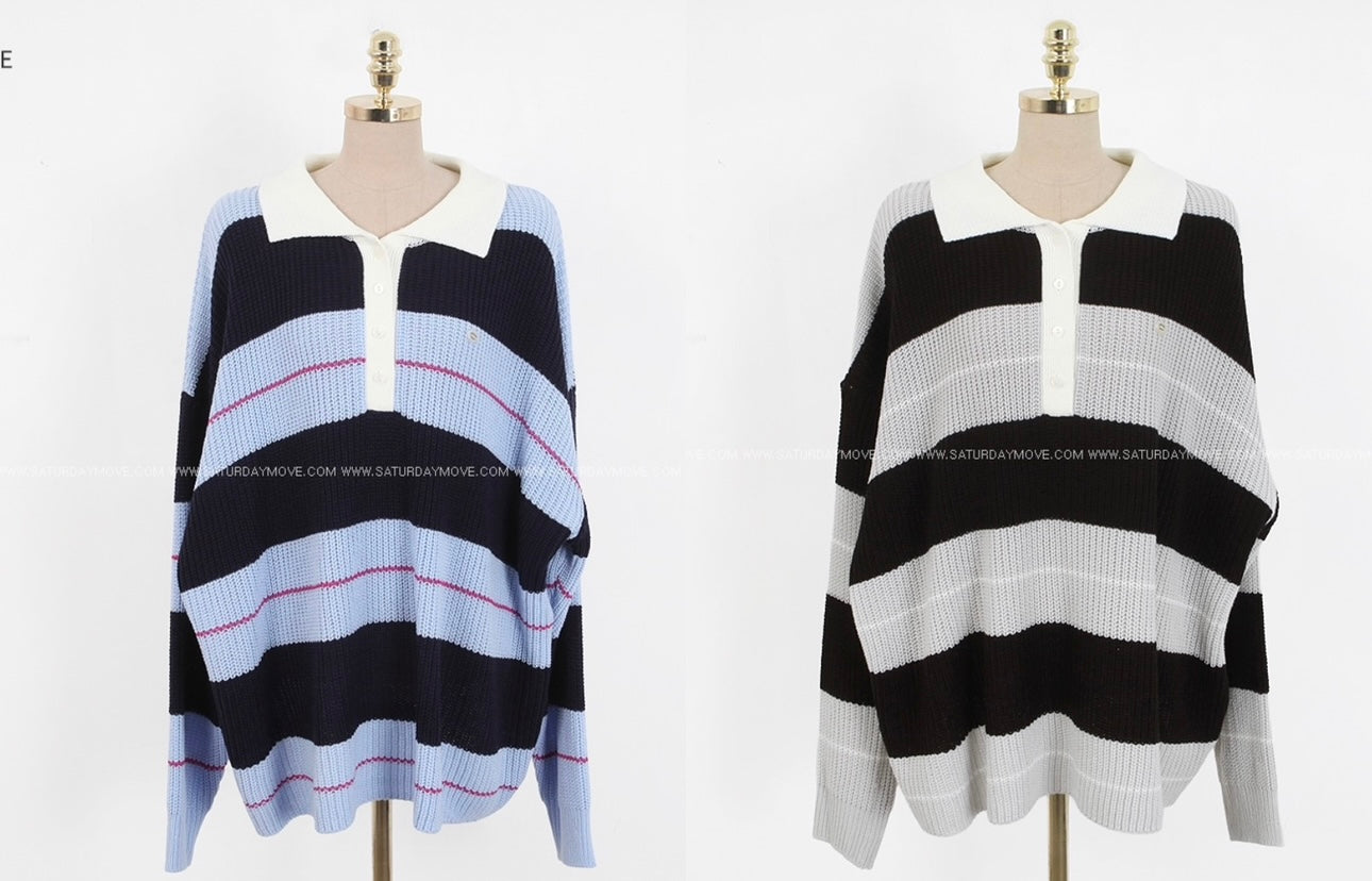 Relaxed Stripe Knit Top with Lapel Collar(4 colors)