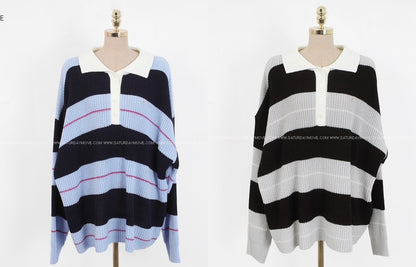 Relaxed Stripe Knit Top with Lapel Collar(4 colors)